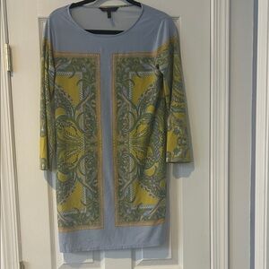 BCBGMaxAzria Blue and Yellow Long Sleeve Dress